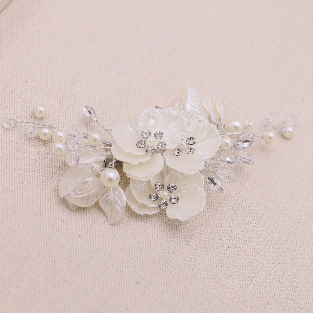 Ivory off-white acrylic flowers and clear rhinestones hair clip for brides