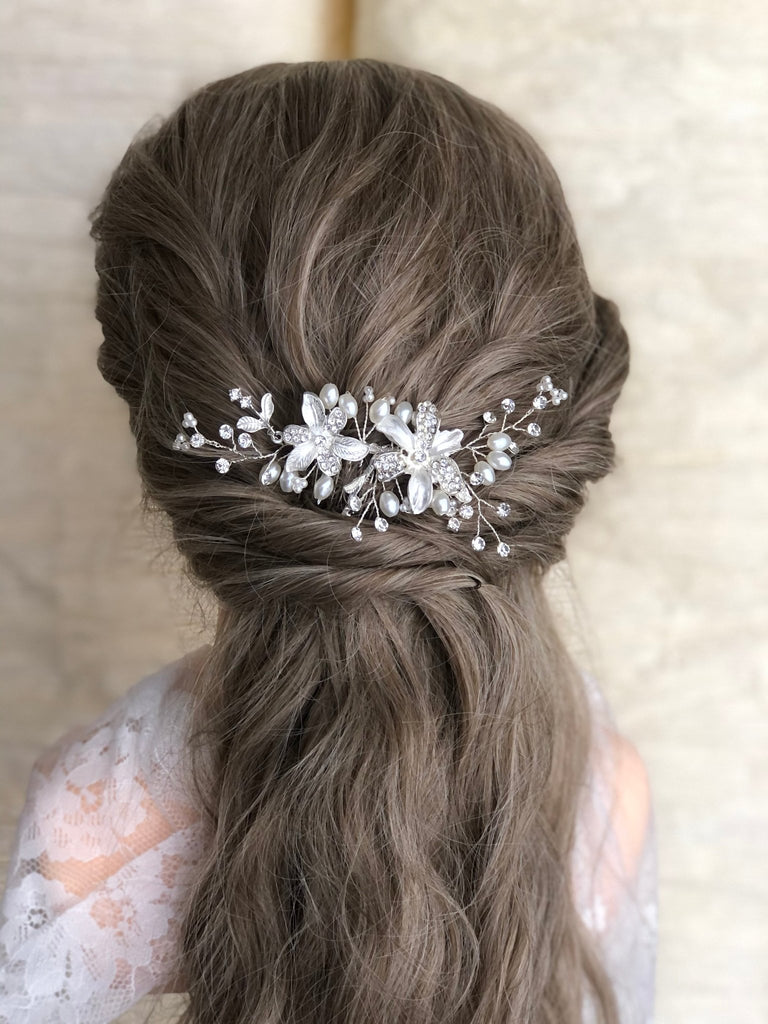 Silver Floral Bridal Hair Comb with Pearls and Clear Rhinestones - Symila Fashion