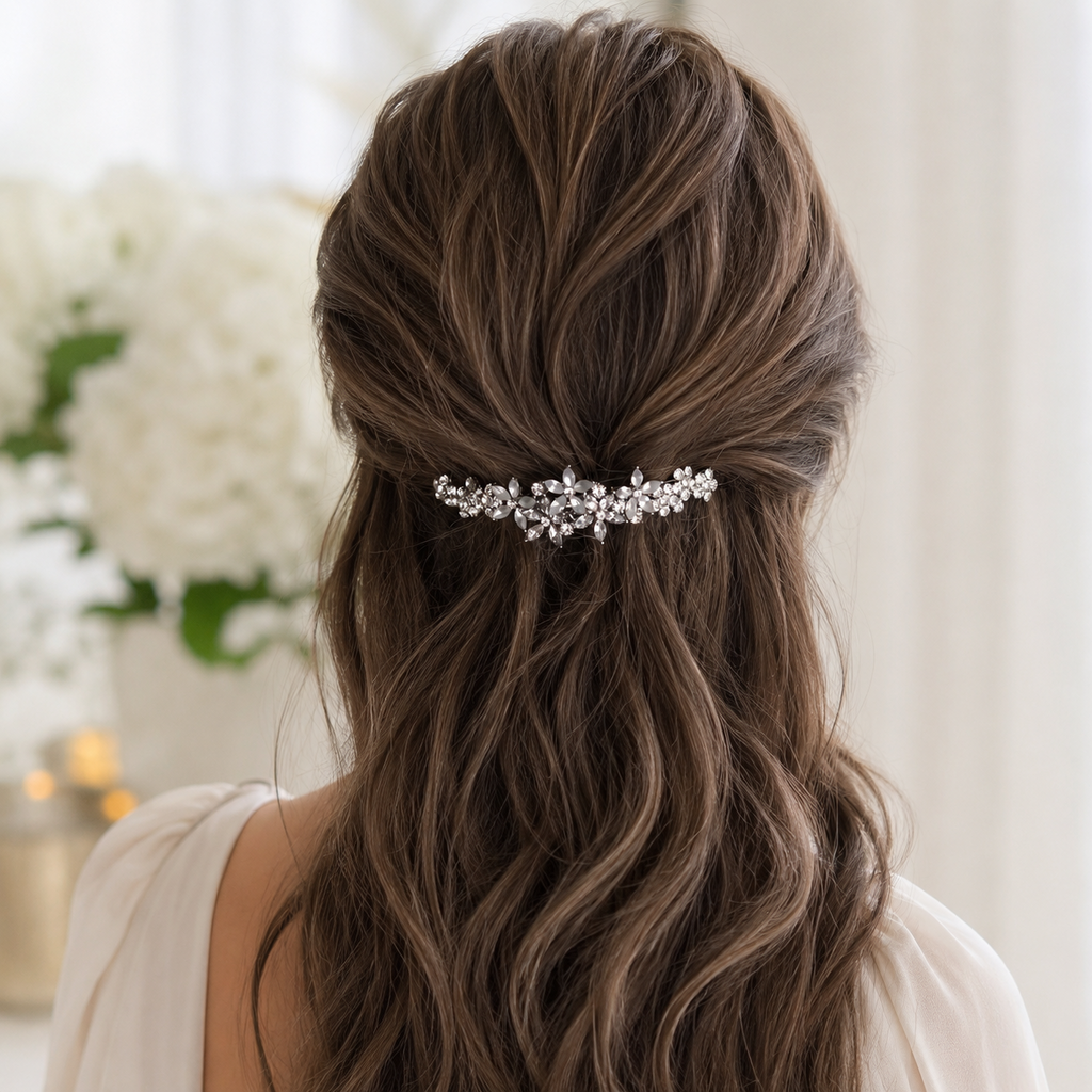 Silver Crystal Floral Hair Barrette for Weddings & Half-Up  display picture 3
