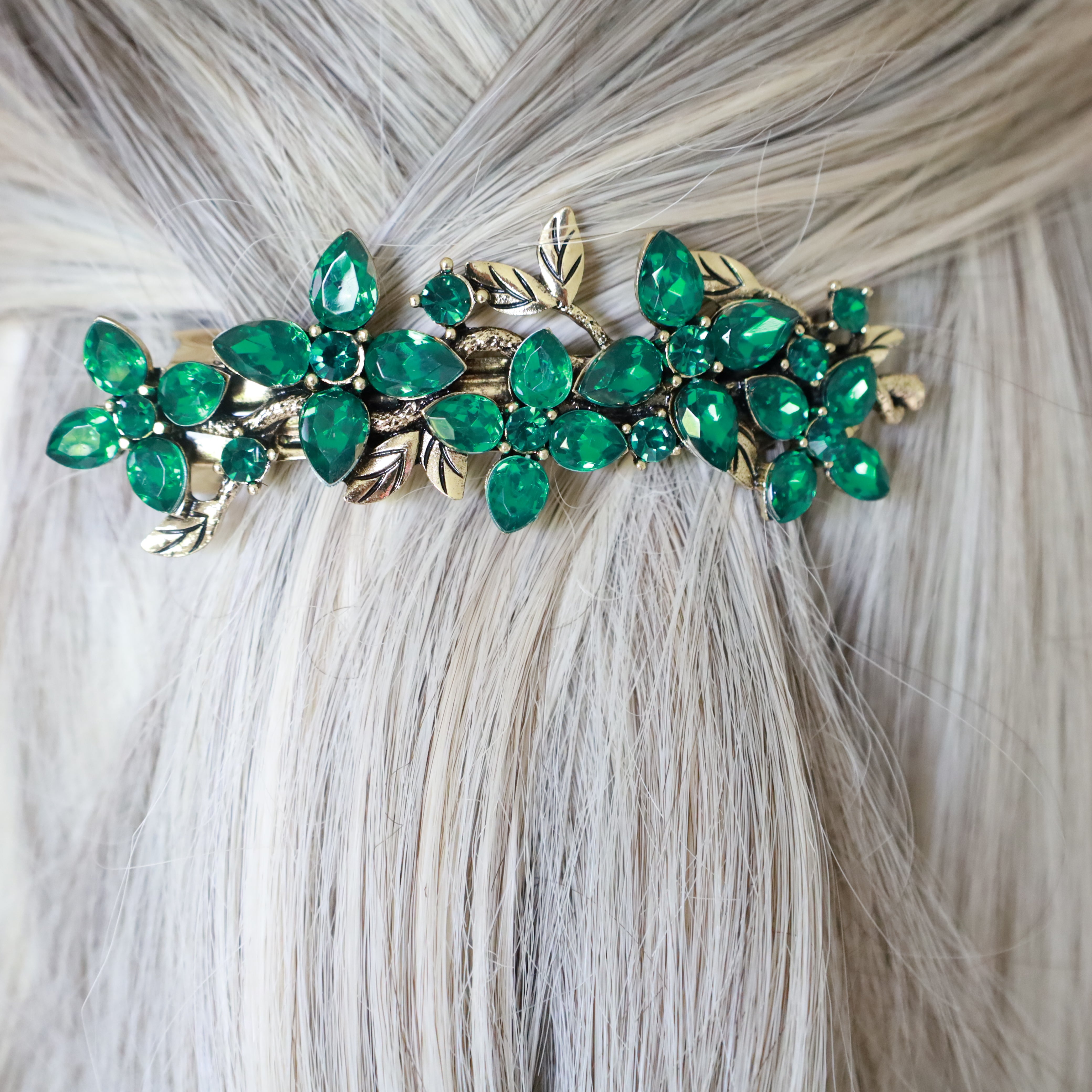 Green Hair Clip, Accessory HINZIC 2Pcs Green Crystal Hair Comb - Bridal Leaves Wedding  main image 2