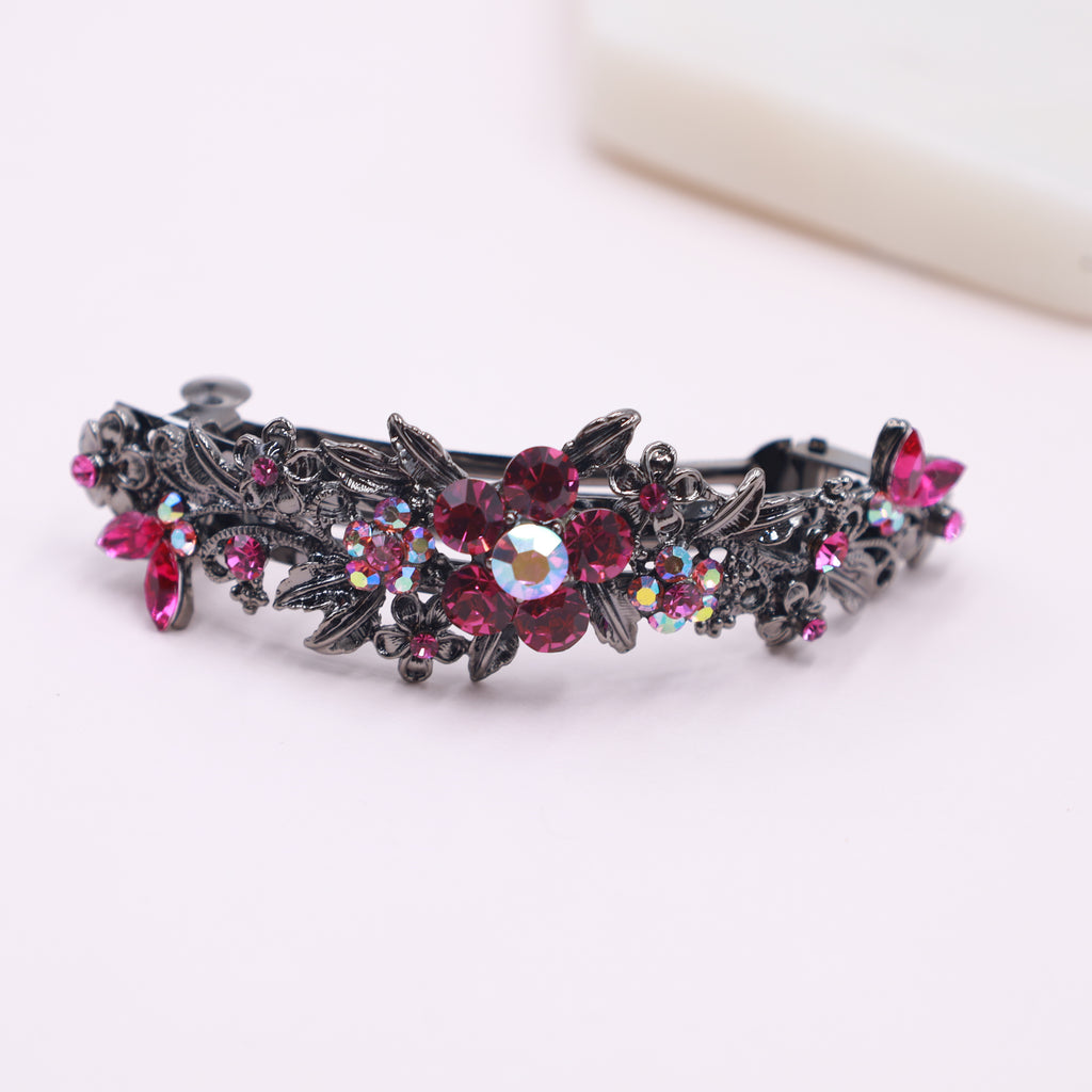 Fuchsia vintage style barrette, fuchsia crystal barrette in a gray metal barrette with ab crystals in fuchsia hues