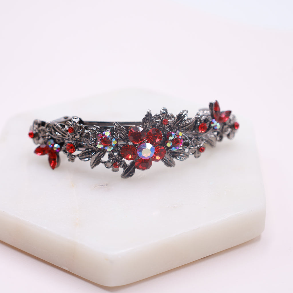 Red Crystal barrette  with a curved design, perfect gift idea for mom