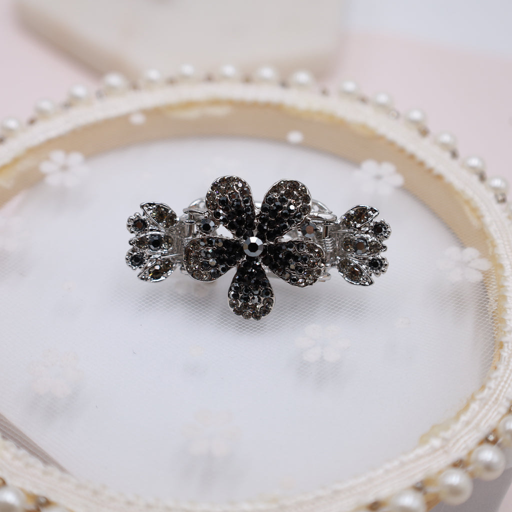 Luxurious black floral hair jaw clip with high-shine crystals