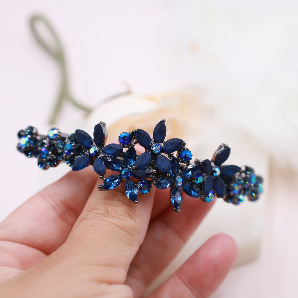 Elegant navy blue floral crystal hair barrette for weddings or formal events