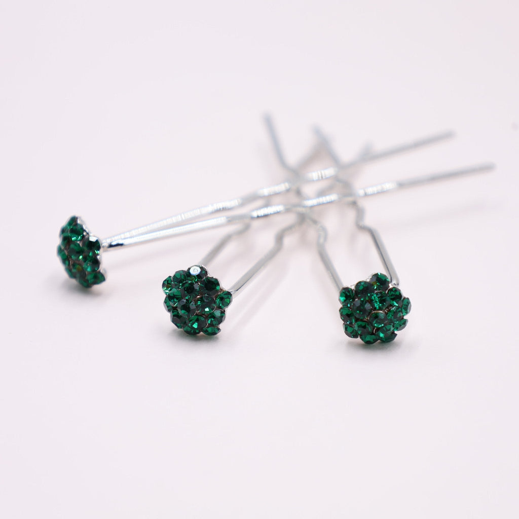 Emerald Green Round Crystal Hair Forks & Sticks - Set Of 3 - Symila Fashion