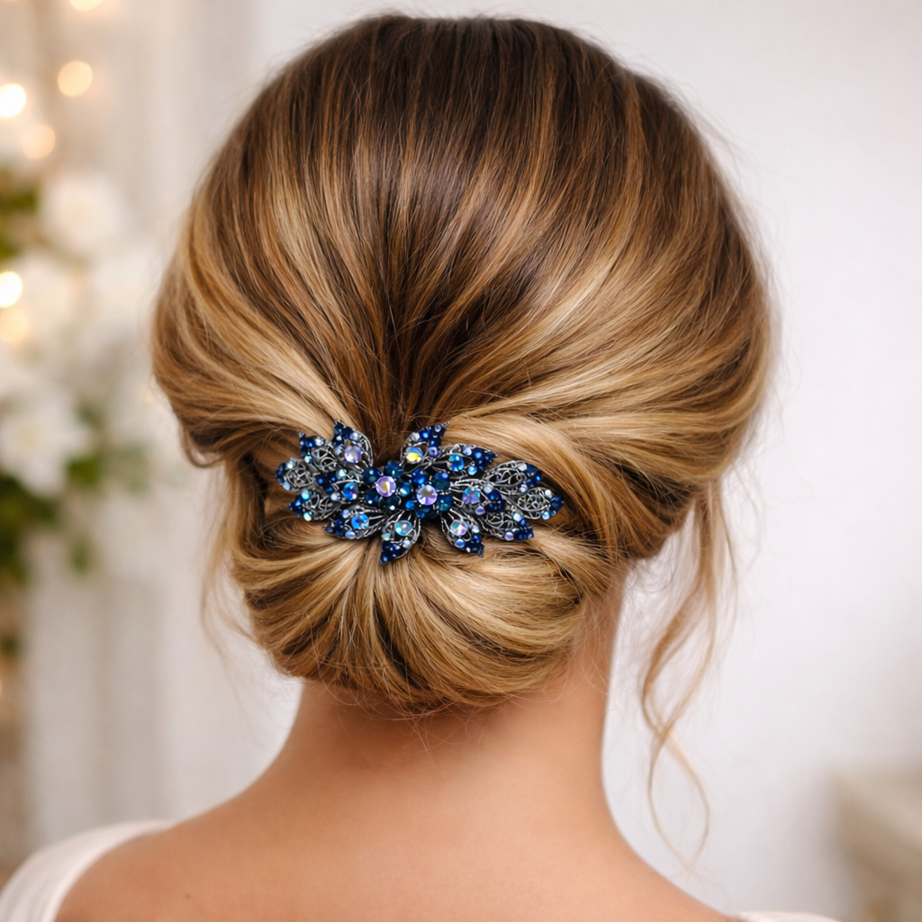Navy Blue Crystal Hair Barrette for Weddings | Symila | Symila