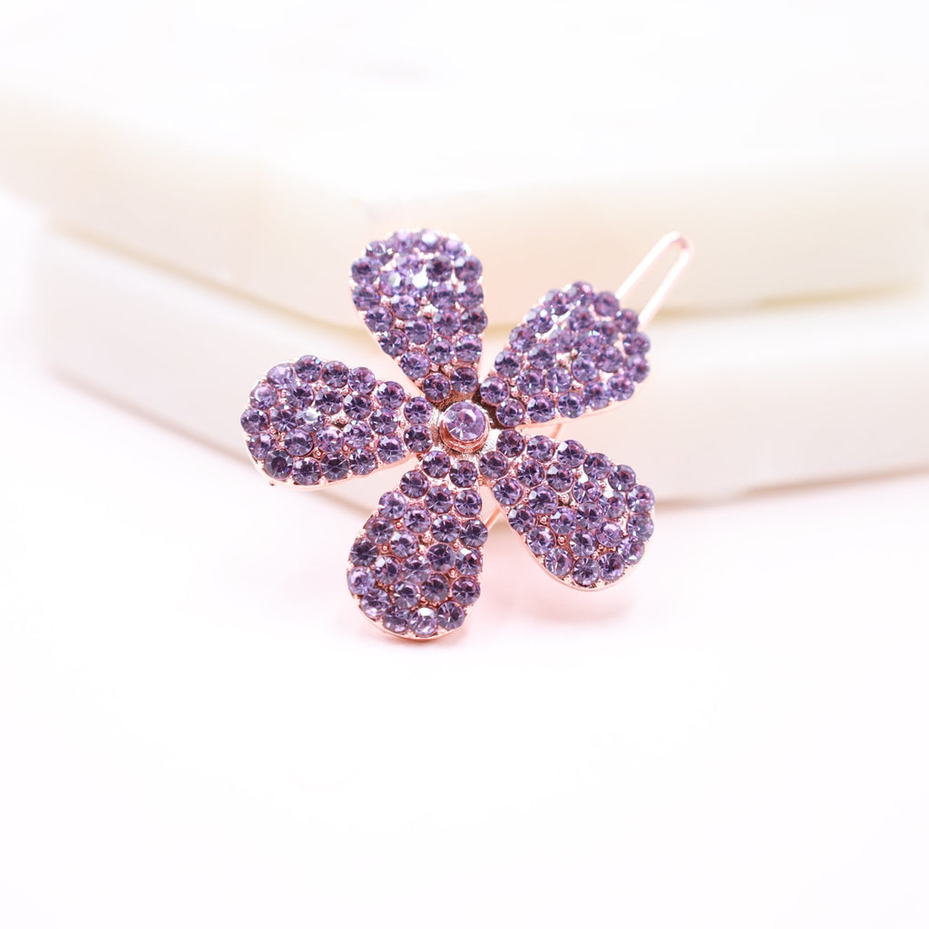 Lilac Light Purple Rhinestone Flower Hair Clip With Rose Gold Metal - Symila Fashion