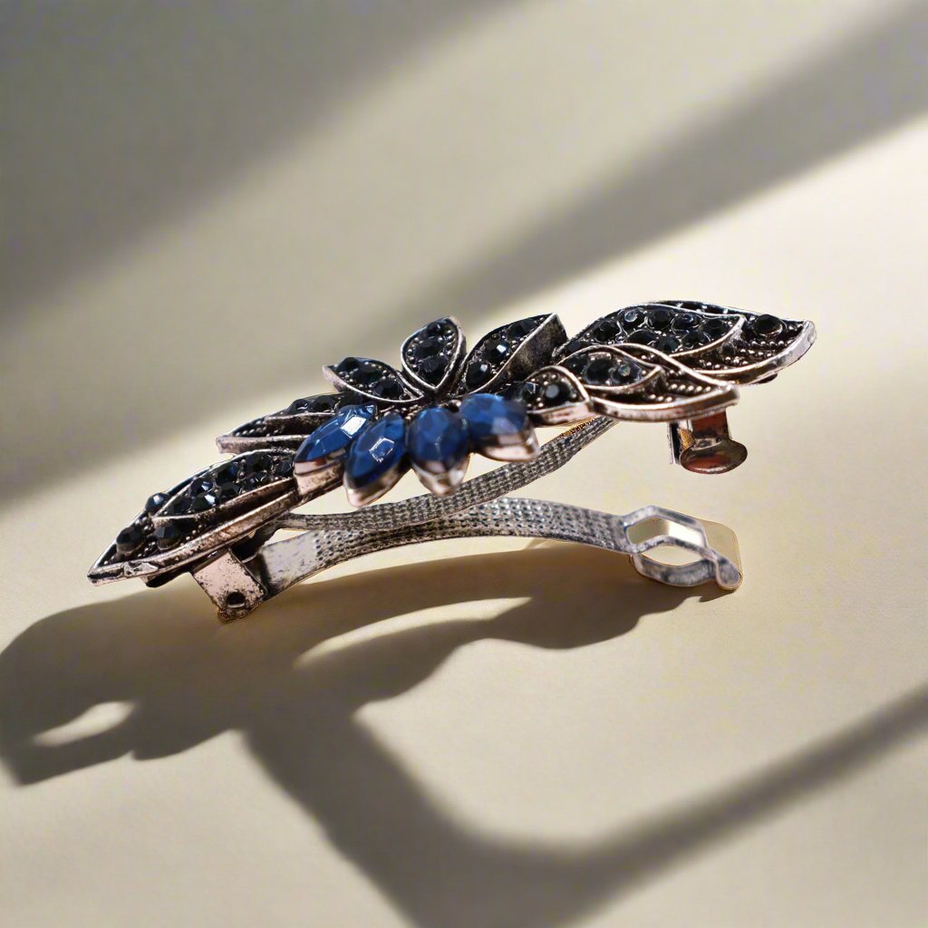 Navy Blue Rhinestone Flower Hair Barrette | Symila display picture 1