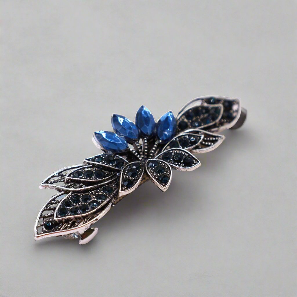 Navy Blue Rhinestone Flower Hair Barrette | Symila display picture 1