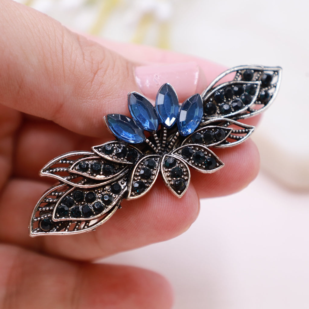 Navy Blue Rhinestone Flower Hair Barrette - Symila Fashion