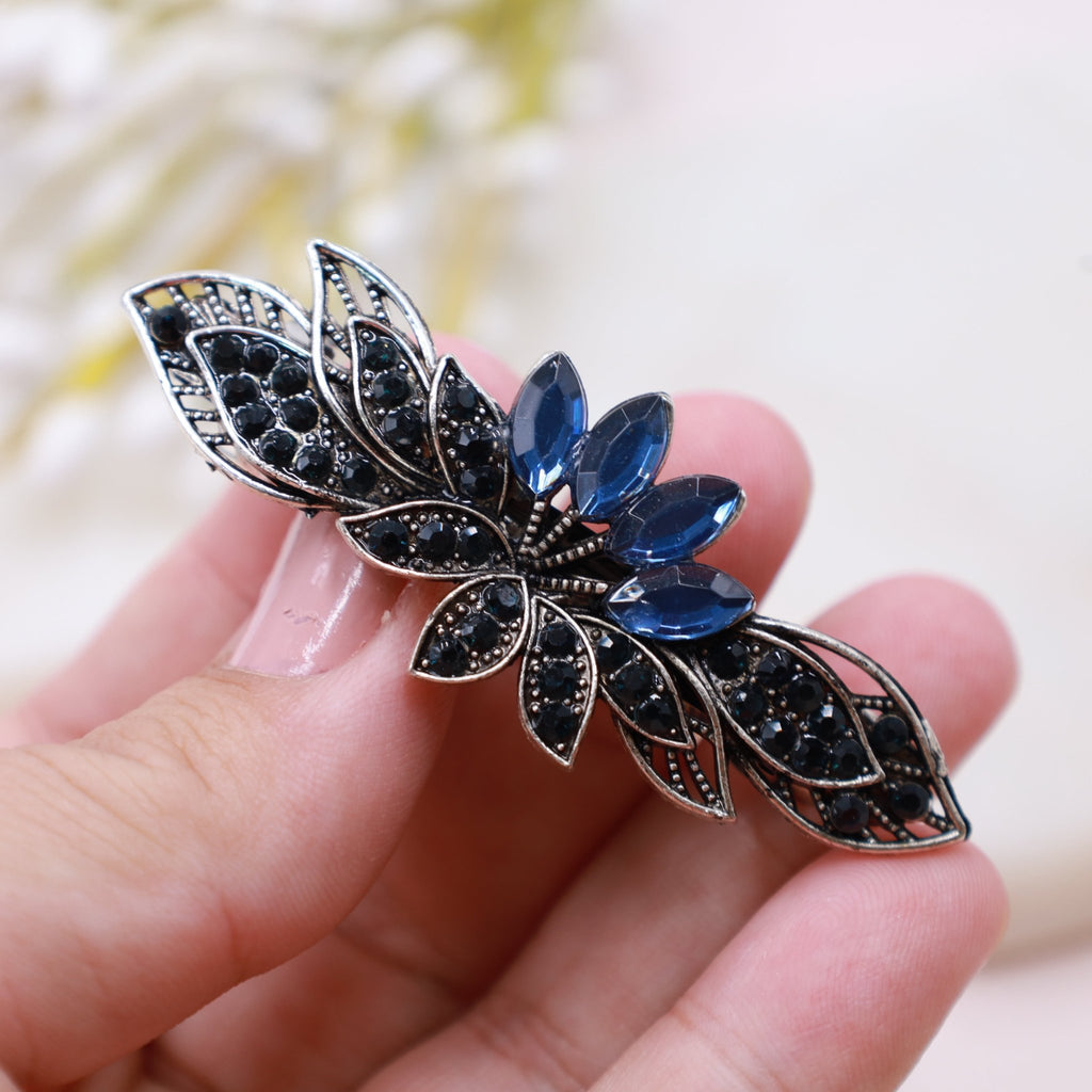 Navy Blue Rhinestone Flower Hair Barrette - Symila Fashion