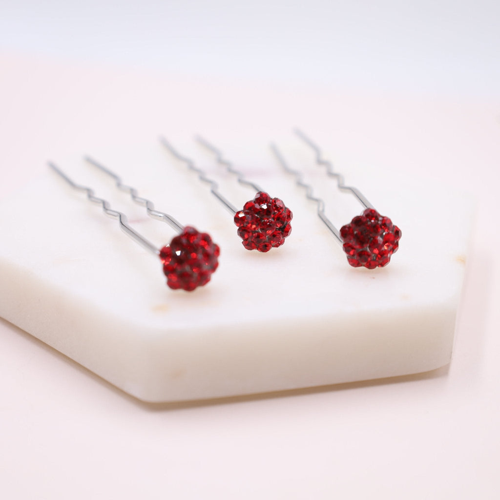 Red Round Crystal Hair Forks & Sticks - Set Of 3 - Symila Fashion