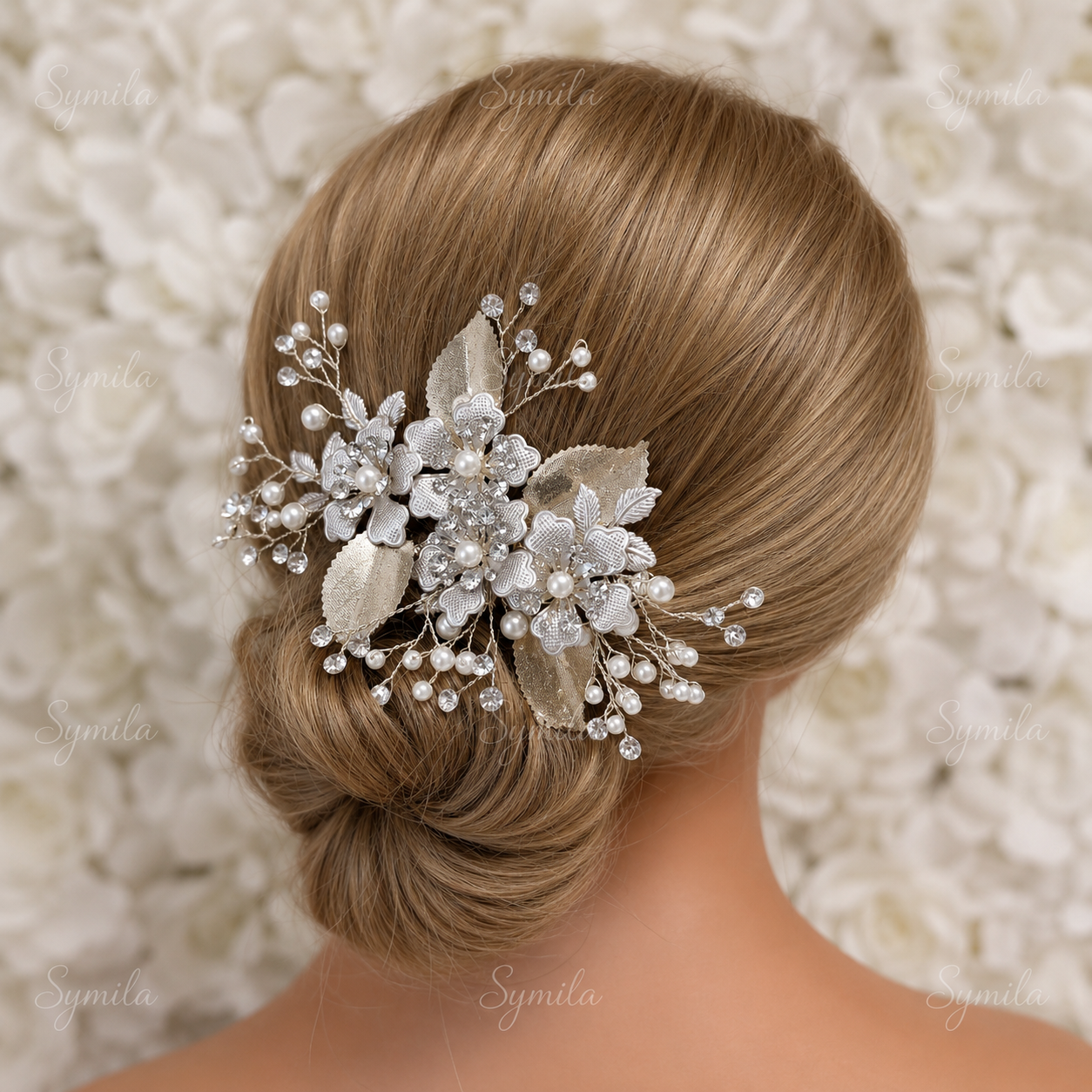 Rose Gold Flower and Gold Leaf Bridal Hair Clip | Symila display picture 2