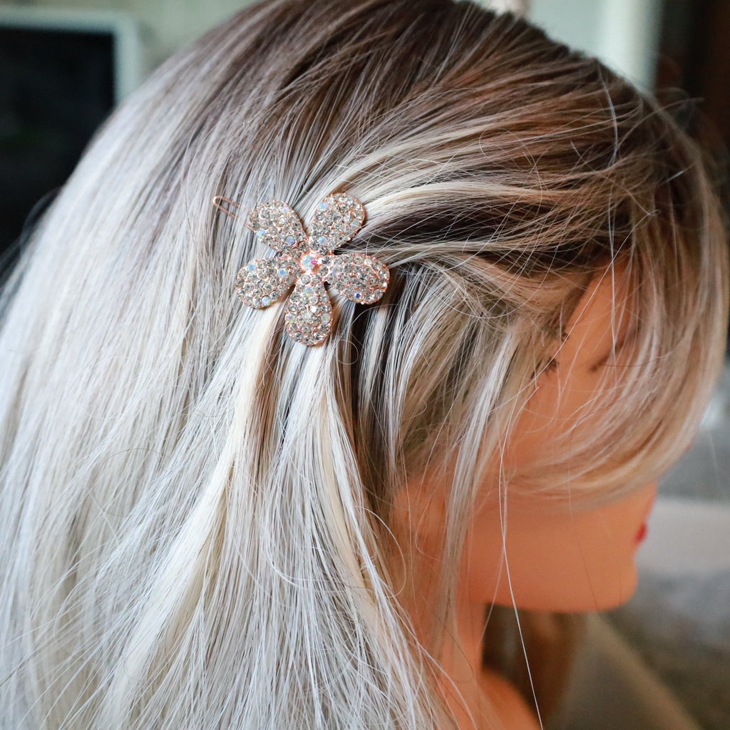 Silver Rhinestone Flower Hair Clip With Rose Gold Metal - Symila Fashion