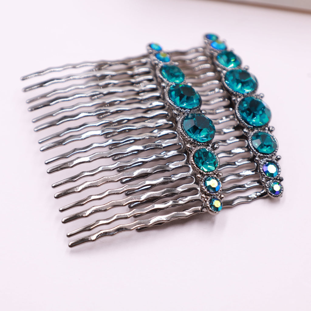Teal Turquoise Crystal Hair Accessorie Comb Set - Symila Fashion