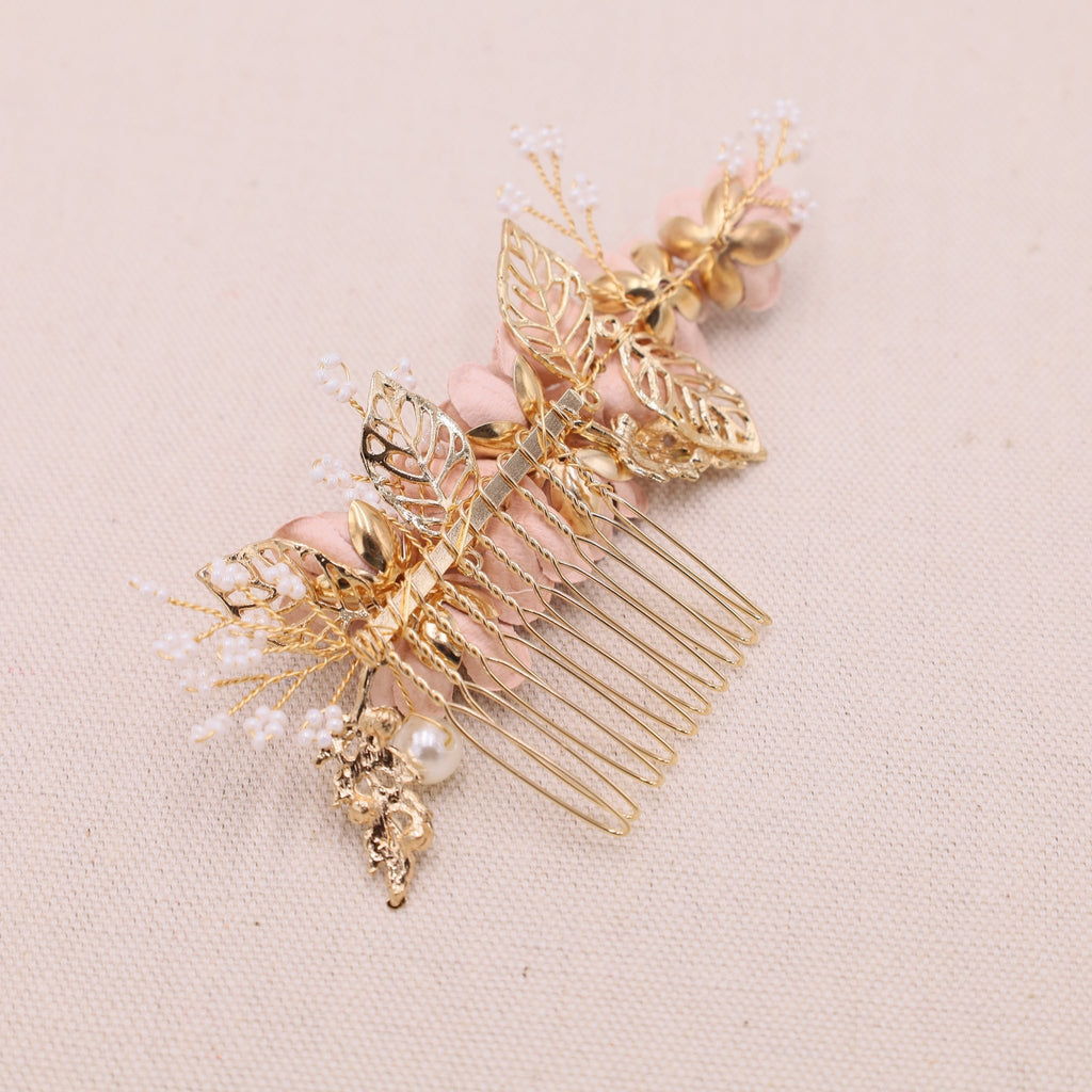 Blush Pink Floral Bridal Hair Comb with Gold Metal Comb - Symila Fashion