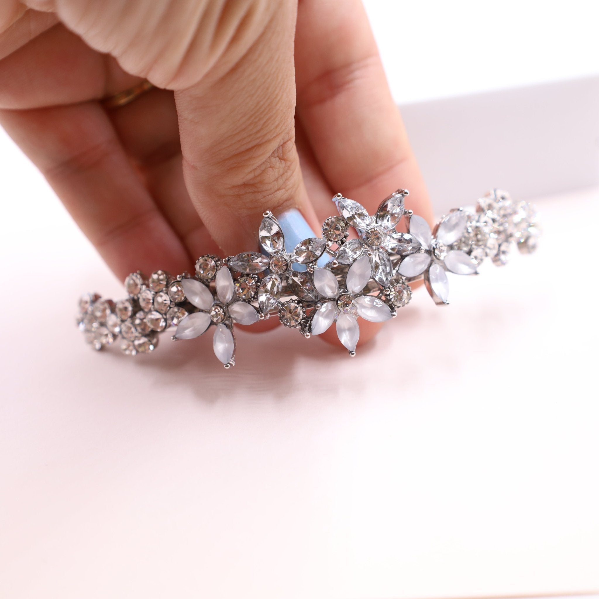 Silver Crystal Floral Hair Barrette for Weddings & Half-Up  display picture 3