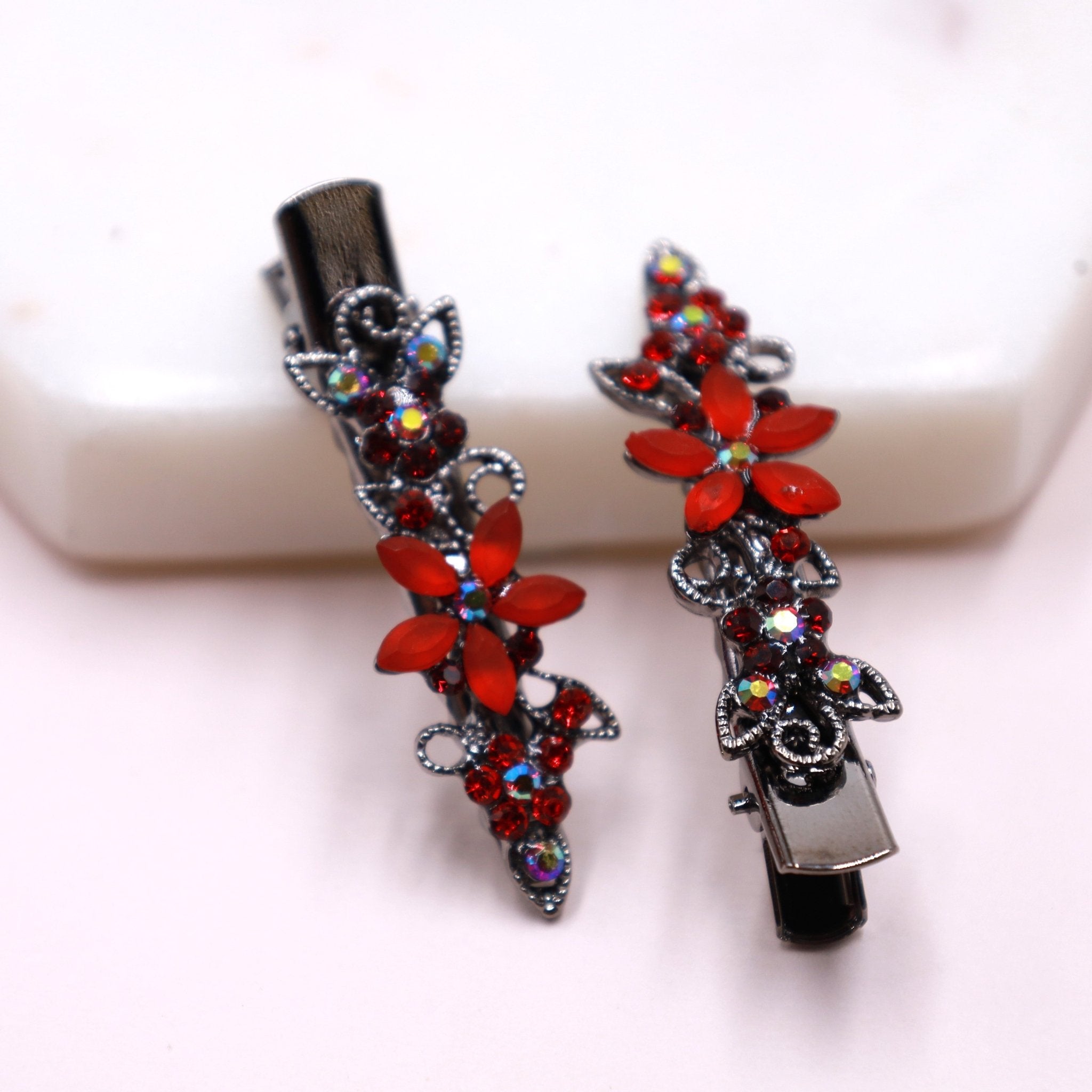 Red And Purple Crystal Flower Hair Clip Large Tropical Hibiscus Hair Clip + Set of 2 Small Hibiscus  main image 3