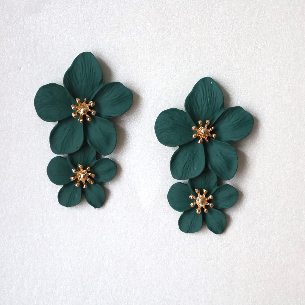 Dark Green Double Flower Earrings - Symila Fashion