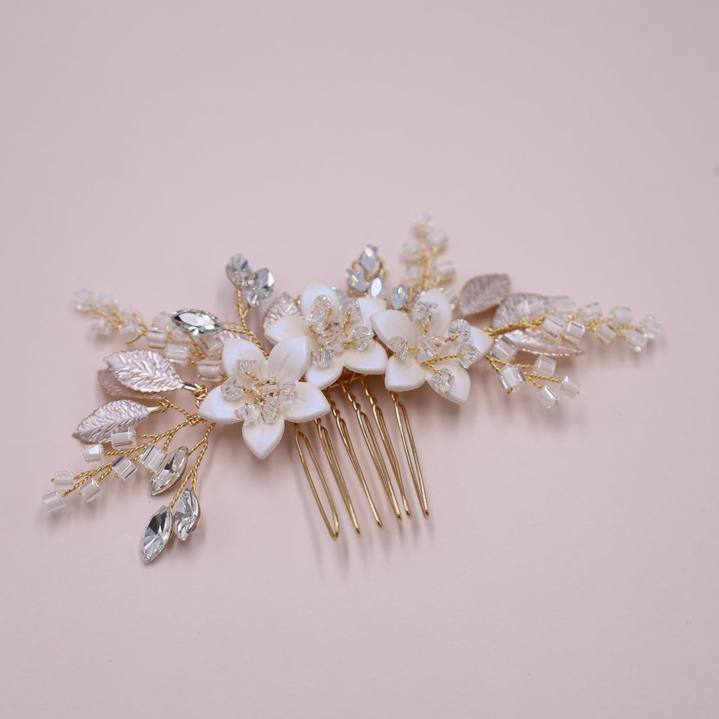 Gold Floral Bridal Hair Comb - Adjustable Comb for Brides and Bridesmaids - Symila Fashion