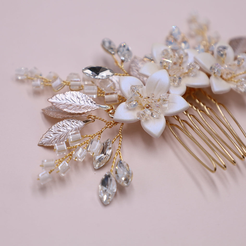 Gold Floral Bridal Hair Comb - Adjustable Comb for Brides and Bridesmaids - Symila Fashion