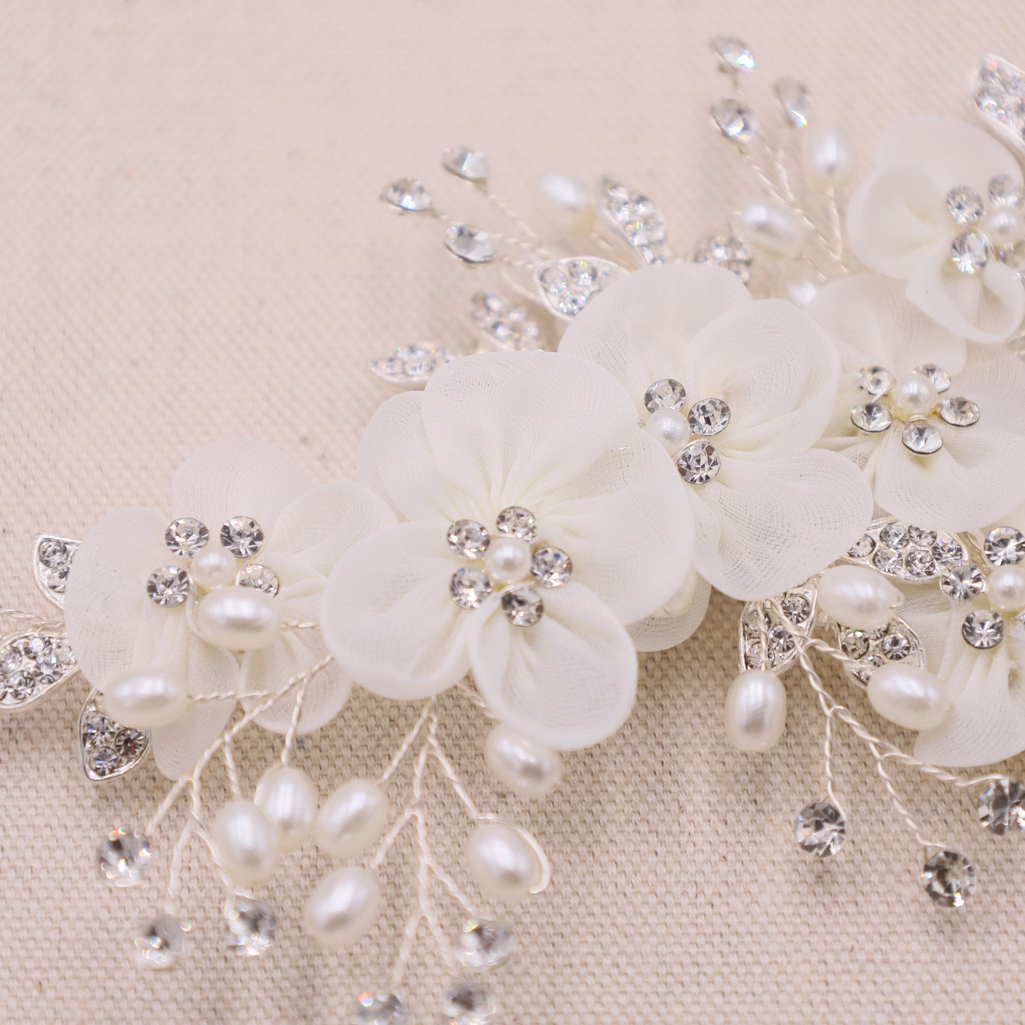 Delicate Swarovski Crystal, top Rhinestone & Pearl Mesh Fabric Flower Wedding Bridal Clip - White