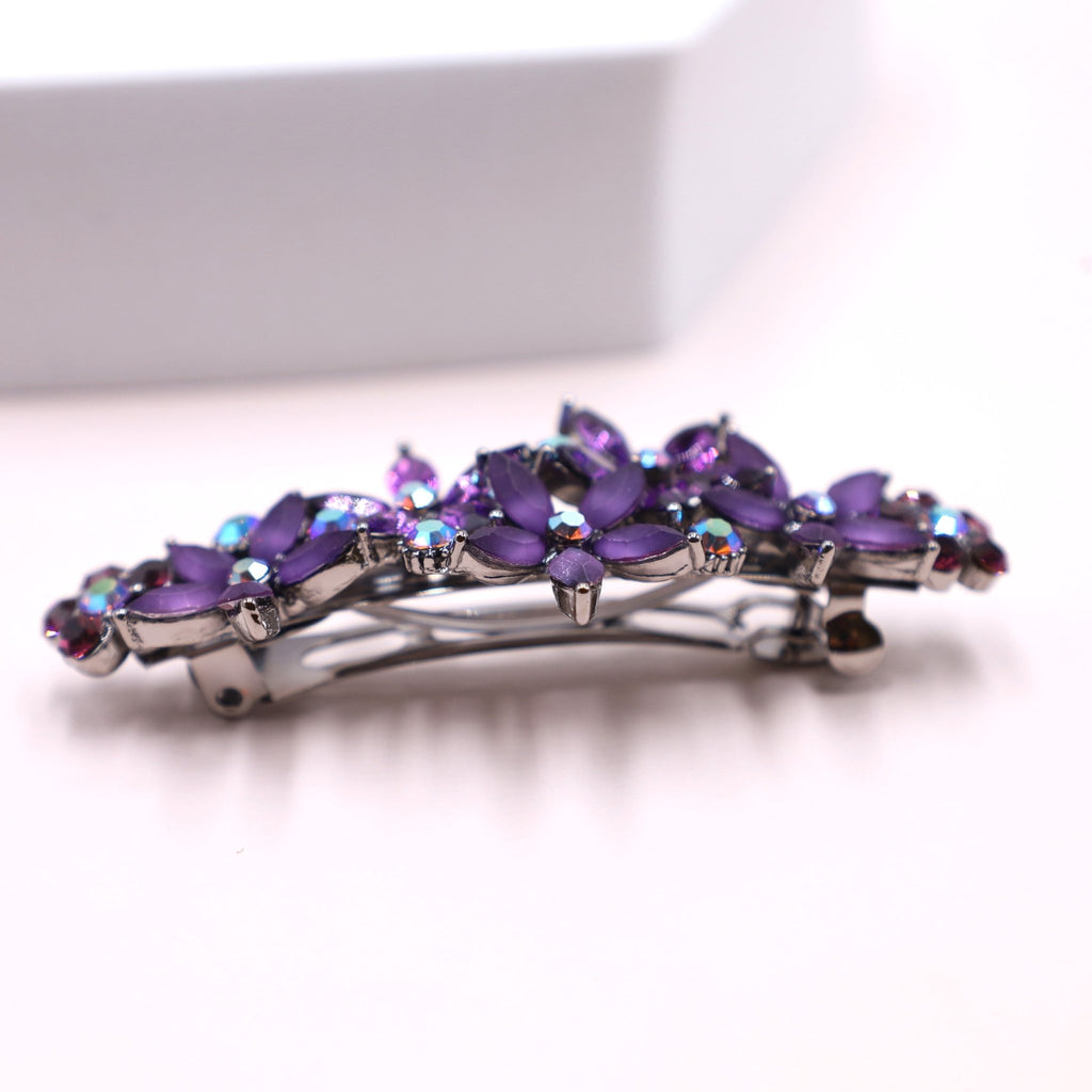 Close-up of Purple Crystals and Rhinestones on Hair Barrette