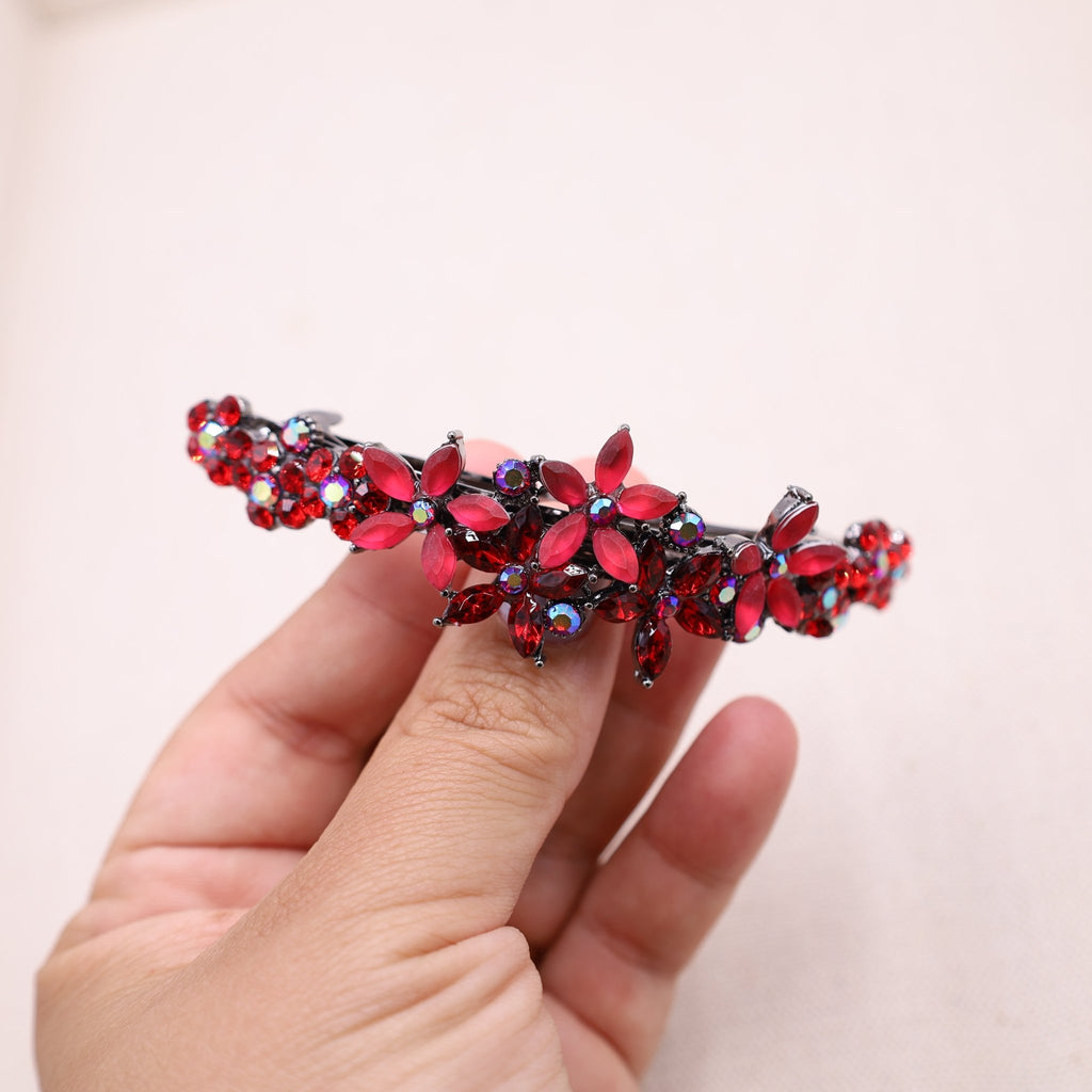 ibrant red crystal hair accessory, perfect for long, luscious hair.