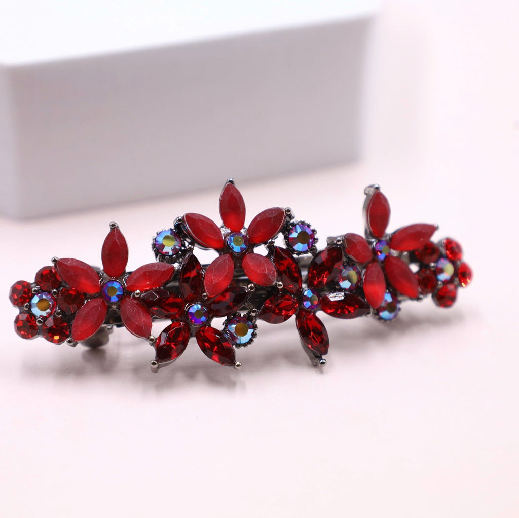 Red Floral Crystal Barrette- (Small version) - Symila Fashion