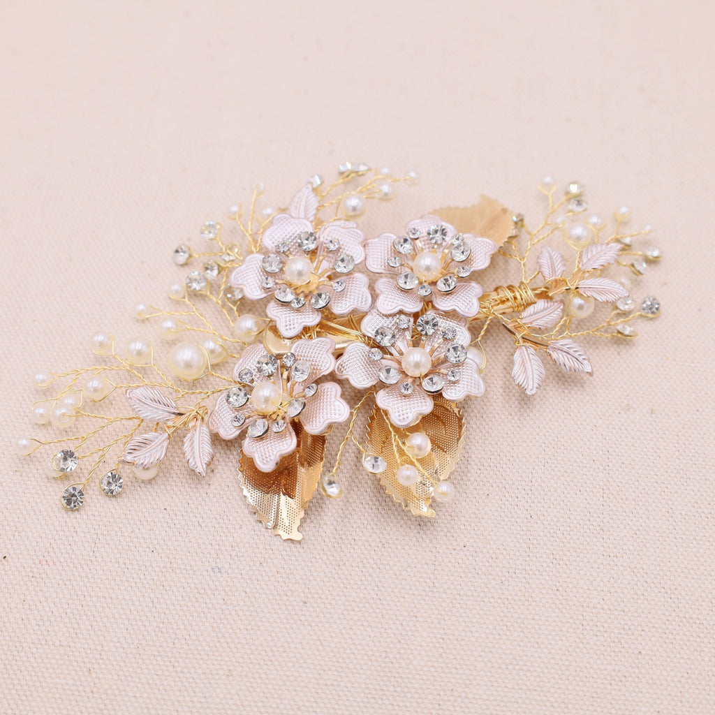 Rose Gold Flower and Gold Leaf Bridal Hair Clip - Symila Fashion