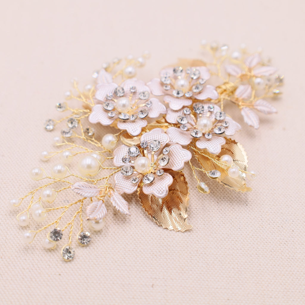 Rose Gold Flower and Gold Leaf Bridal Hair Clip - Symila Fashion
