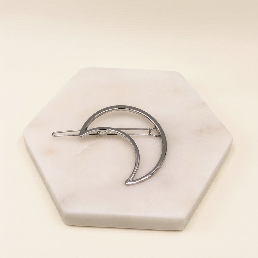 OOAK Artisan Sterling Silver 925 Mystic Moon Sun Face French Barrette Gem Accent Silver Crescent Moon Hairpin Barrette | Symila Fashion main image 3