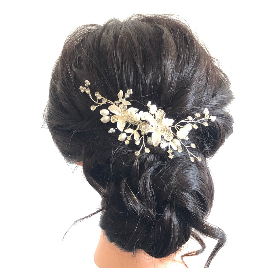 Silver Floral Bridal Hair Comb with Pearls and Clear Rhinestones - Symila Fashion