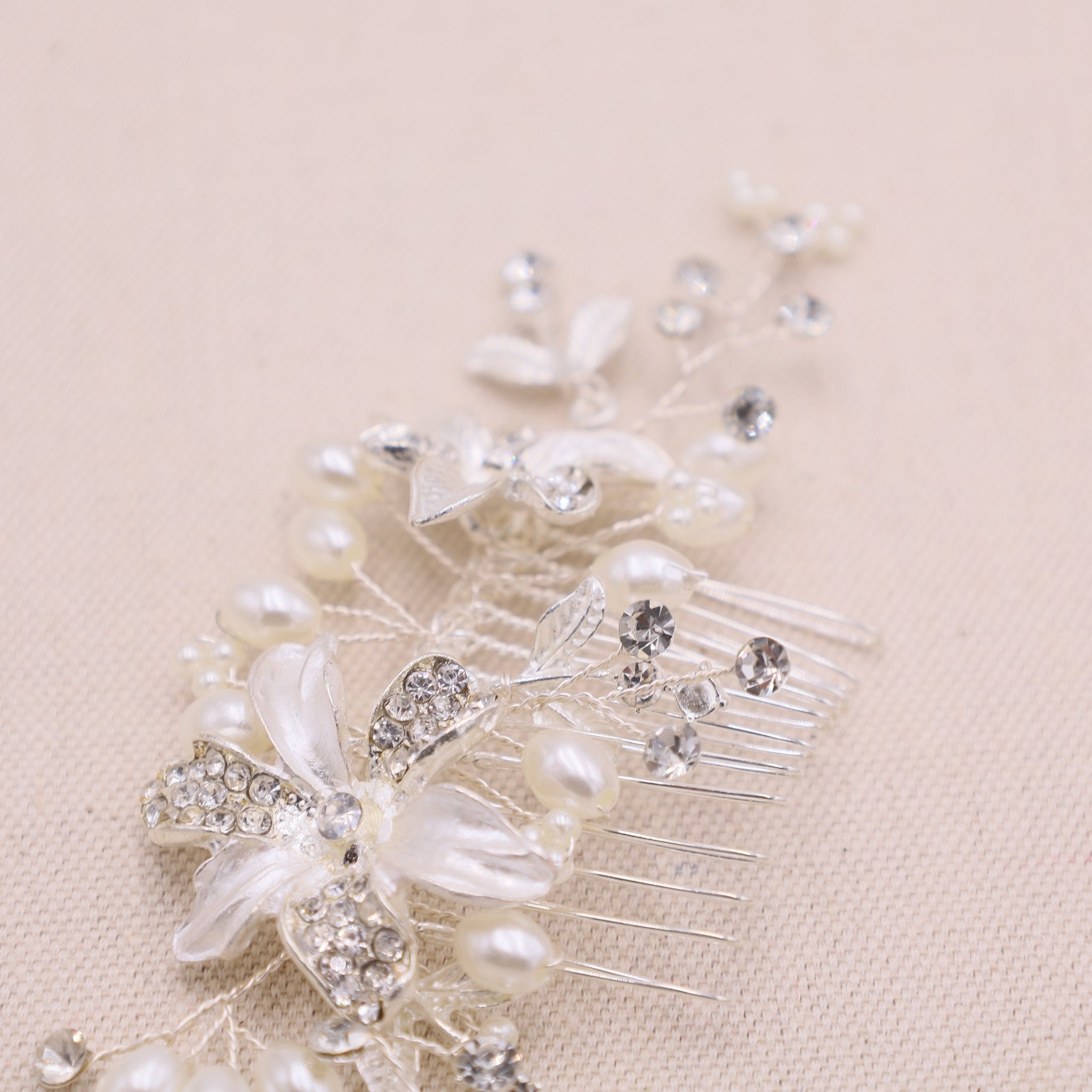 Silver Floral Bridal Hair Comb with Pearls and Rhinestones 