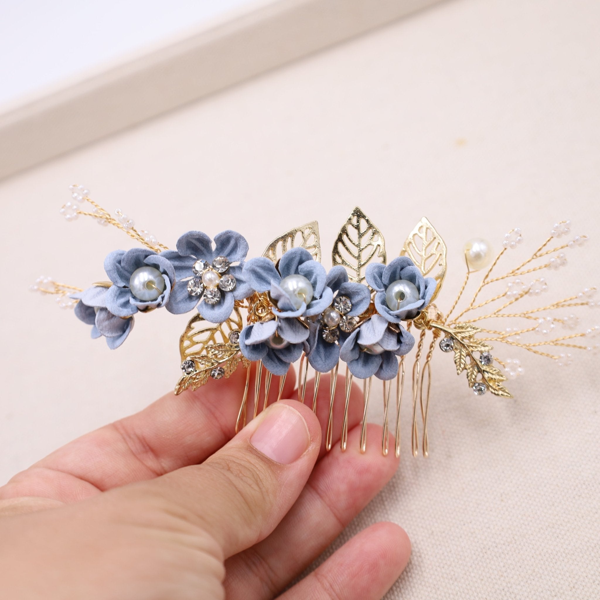 Dusty Blue Floral Wedding Hair Comb | Bridesmaid Hairpiece  display picture 1