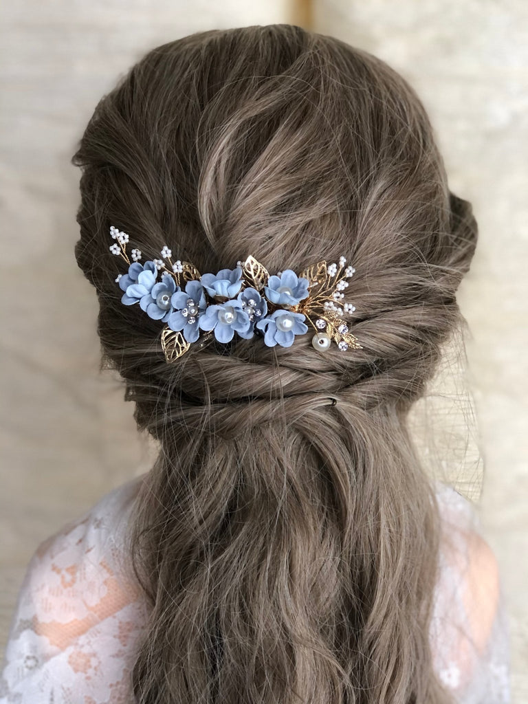 Something Blue Bridal Hair Comb with Blue Flowers and gold comb. - Symila Fashion