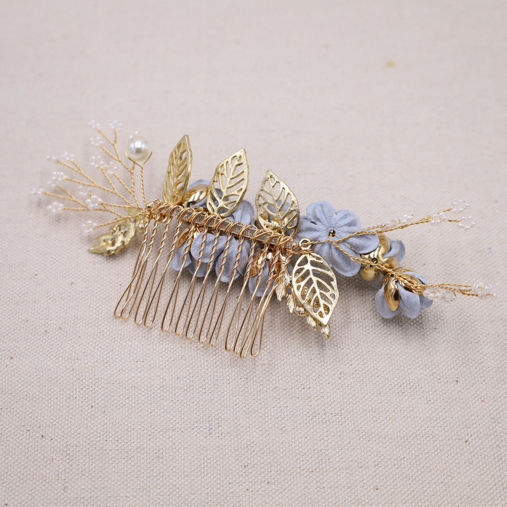 Something Blue Bridal Hair Comb with Blue Flowers and gold comb. - Symila Fashion