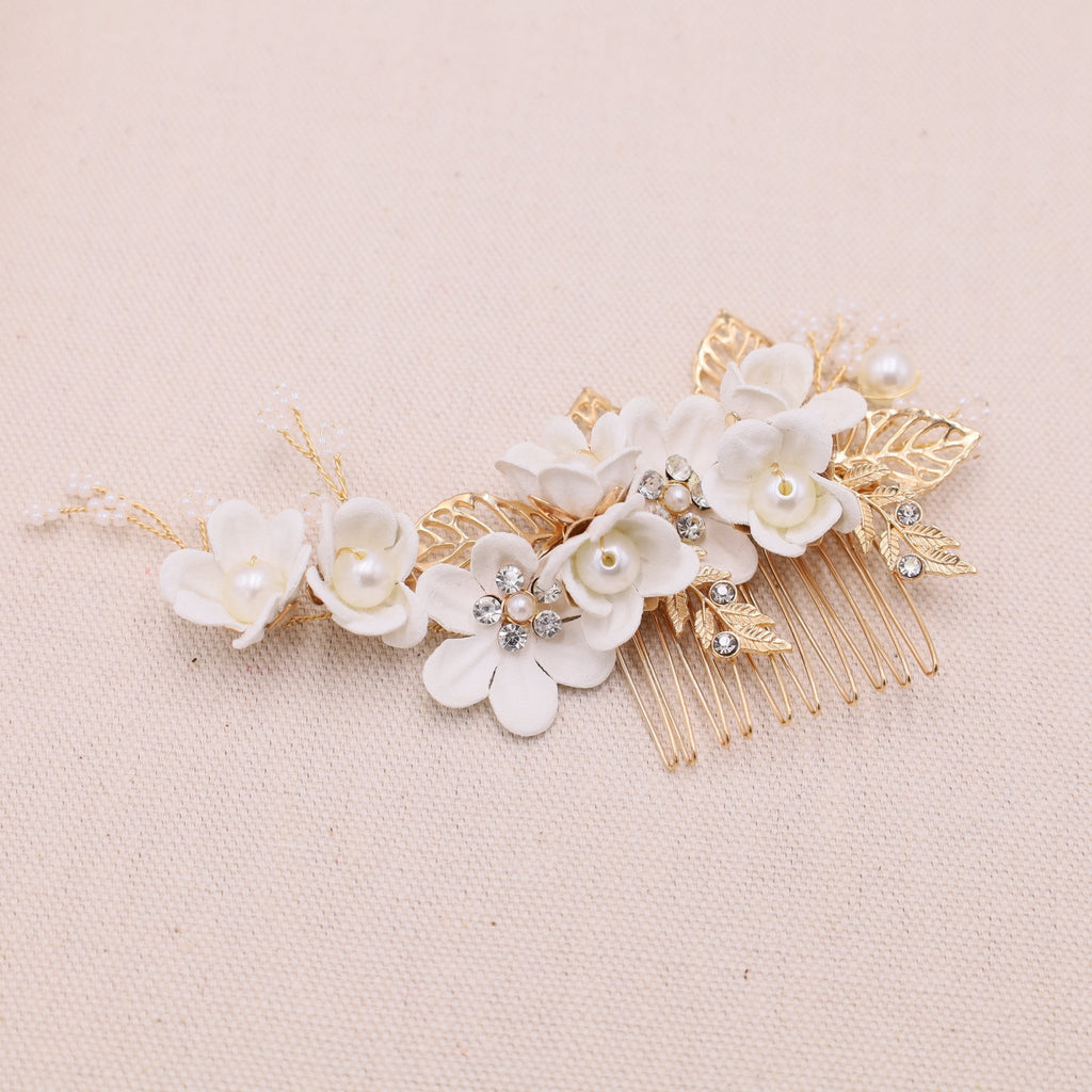 white floral bridal hair comb with gold metal comb